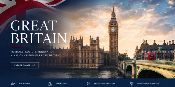 Big Ben and Westminster Bridge in London with Great Britain promotional text.