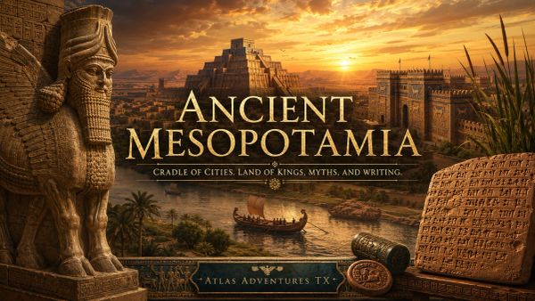 Ancient Mesopotamia depiction with statue and ziggurat.