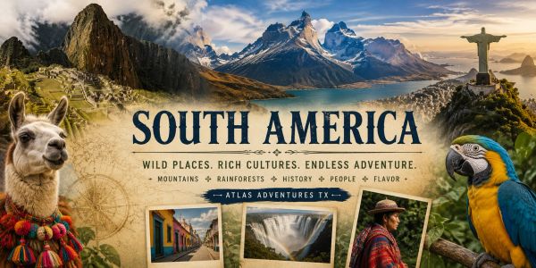 Collage showcasing South America's diverse landscapes and cultures.