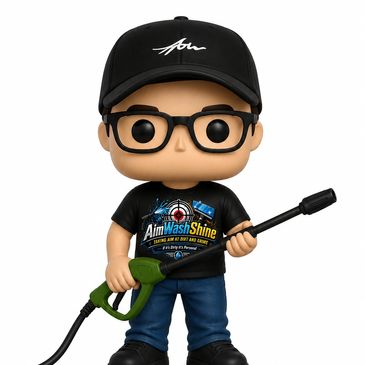 Funko Pop figure holding a pressure washer wand, wearing glasses and a black cap.