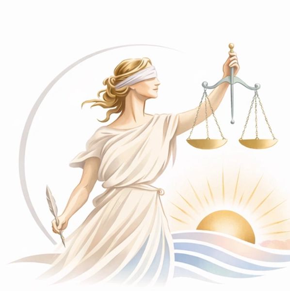 Lady Justice holding scales and a feather, blindfolded, with a rising sun in the background.