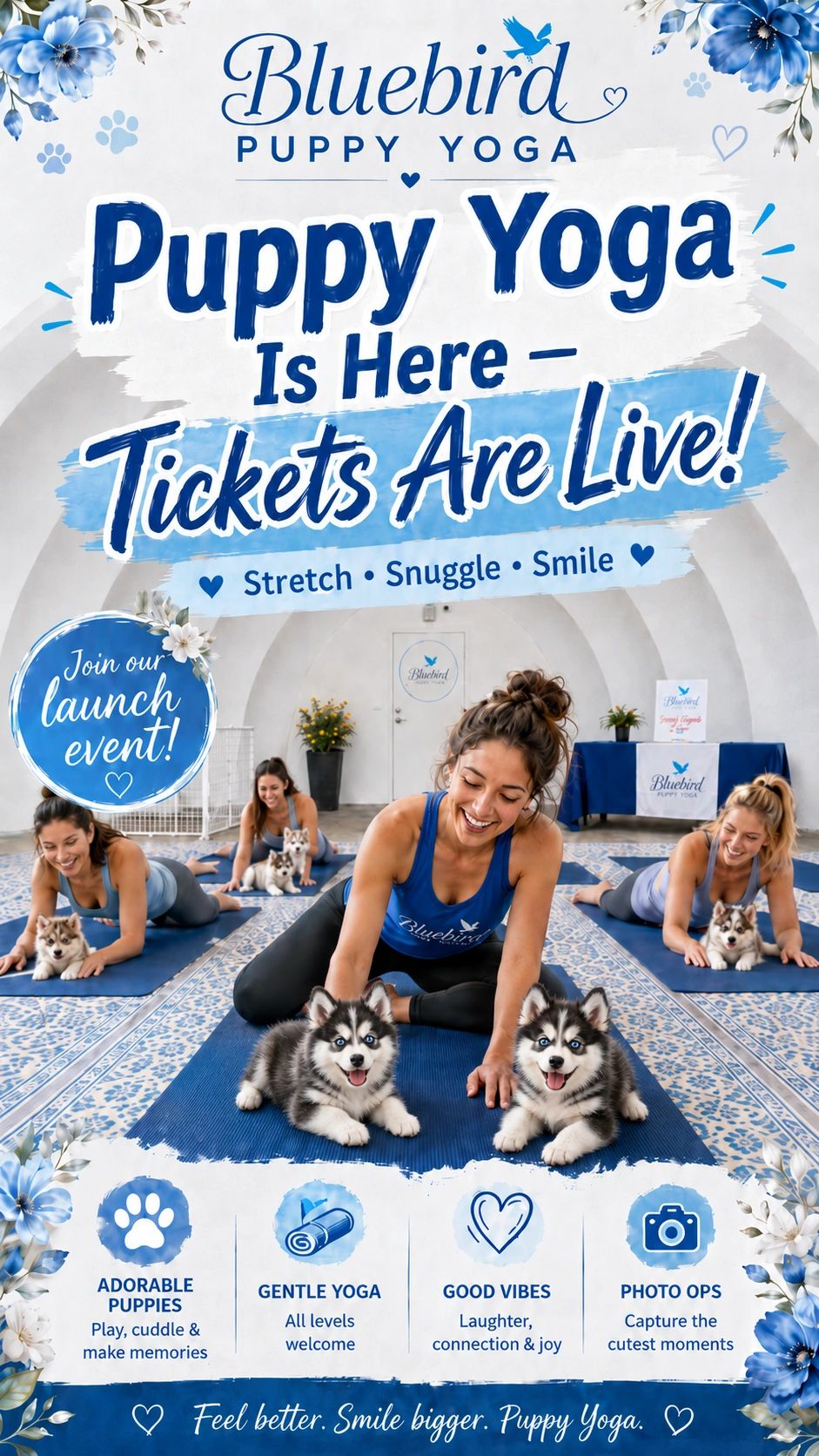 Women practicing yoga with adorable puppies at Bluebird Puppy Yoga launch event.