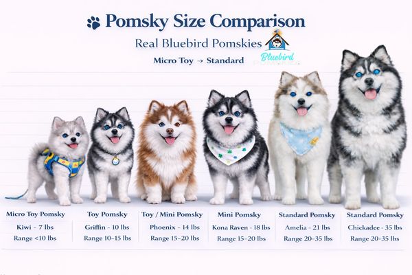 Pomsky size comparison from Micro Toy to Standard with weights and ranges.