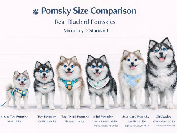  Pomskies showing the difference between Siberian husky, Mini, and large Standard Pomsky sizes