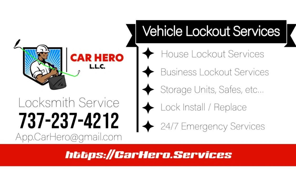 Virtual Business Card. Car Hero, LLC company information. Vehicle Lockout Services. Home Locksmith.