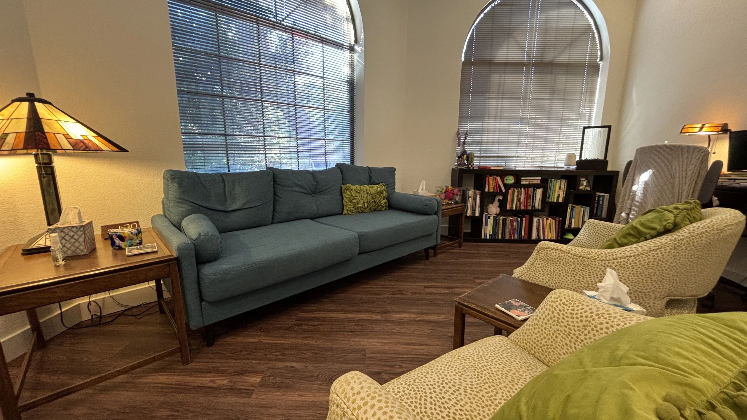 Large therapy office with seating for individuals, couples, and families.