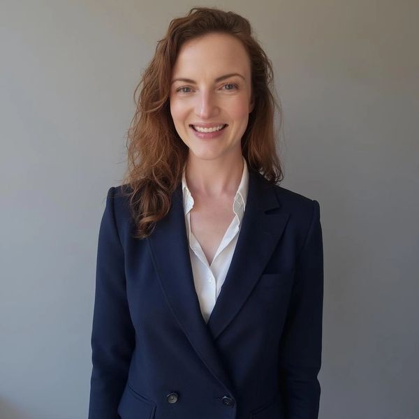 Smiling woman in a navy blazer and white shirt against a plain background.