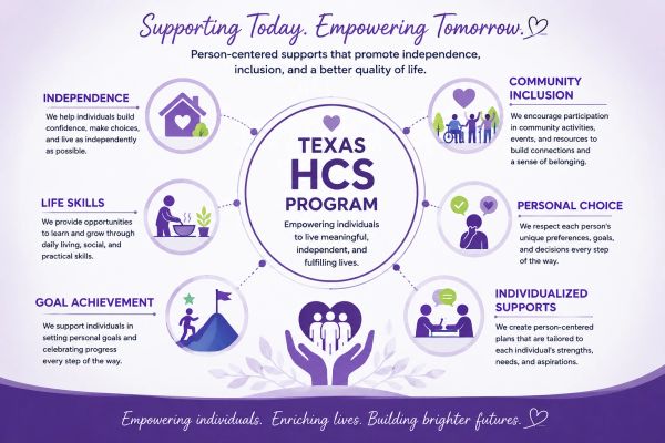 Infographic about Texas HCS Program promoting independence and inclusion.