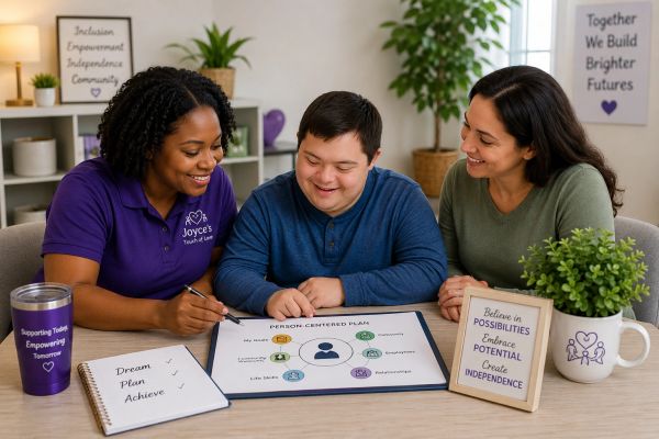 A woman and a caregiver help a young man with Down syndrome plan his person-centered goals.
