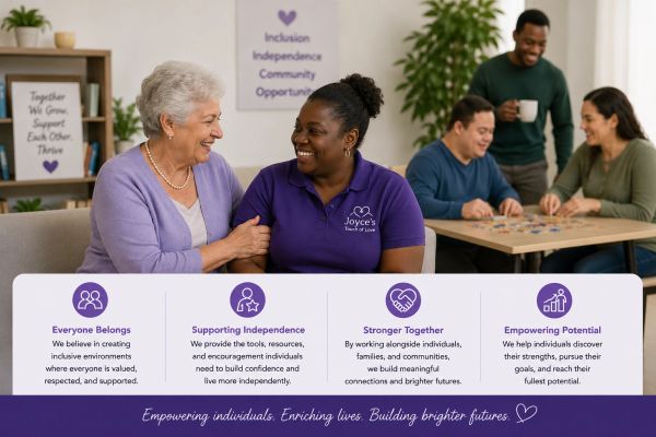 Caring community staff support an elderly woman in a joyful, inclusive environment.