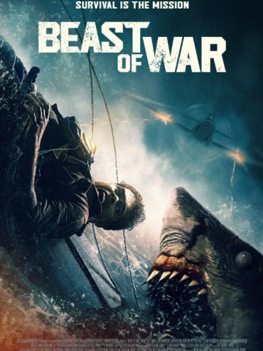 Man fights shark amid storm in 'Beast of War' poster.