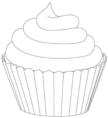 Black and white line drawing of a cupcake with frosting.