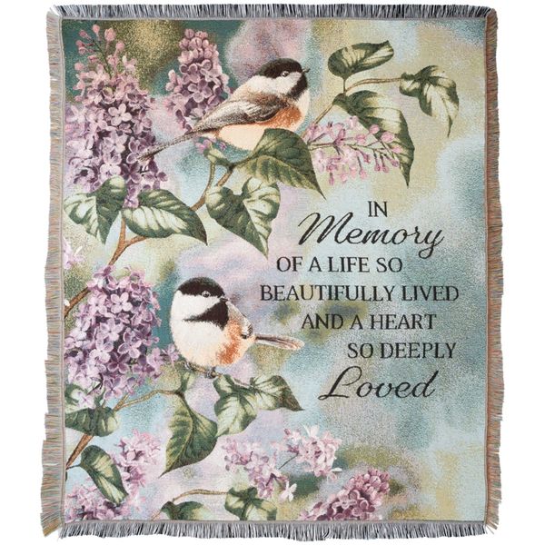 Decorative memorial blanket with birds and lilac flowers.