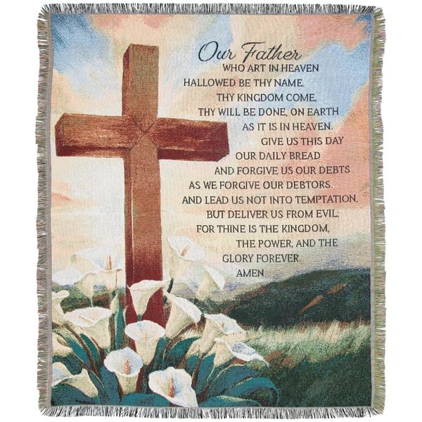 Tapestry with a cross and The Lord's Prayer against a scenic background.