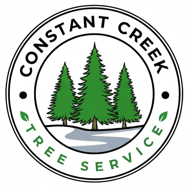 Logo of Constant Creek Tree Service with three green pine trees.