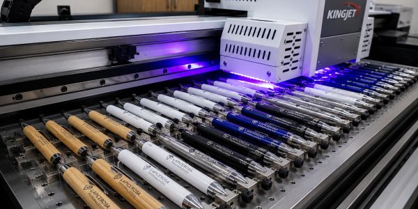 Automated machine engraving logos on rows of pens in different colors.