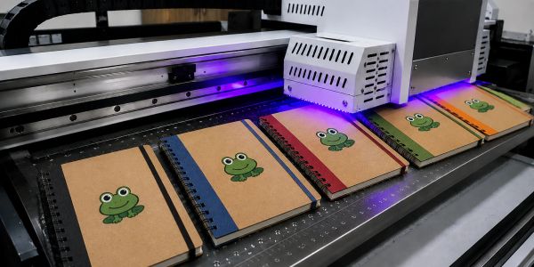 A printer printing frog designs on spiral notebooks with colorful spines.