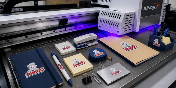 Branded office supplies with Bimbo logo under a printing machine.