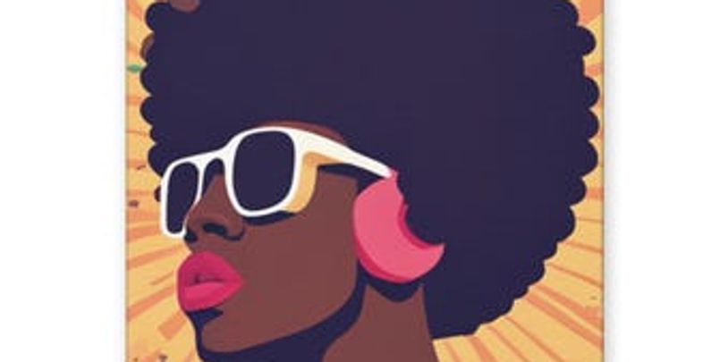 Stylish woman with afro, white sunglasses, and pink earrings in vibrant retro art.