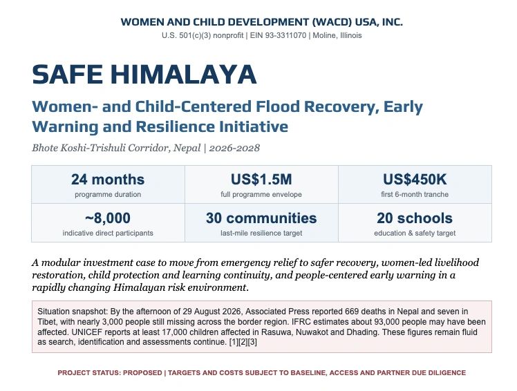 Summary of the SAFE HIMALAYA program for flood recovery and resilience in Nepal.
