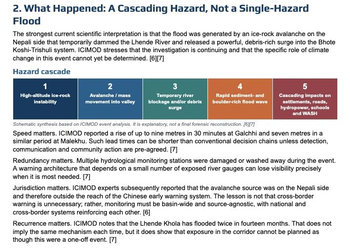 Explanation of cascading flood hazards caused by an ice-rock avalanche in Nepal.
