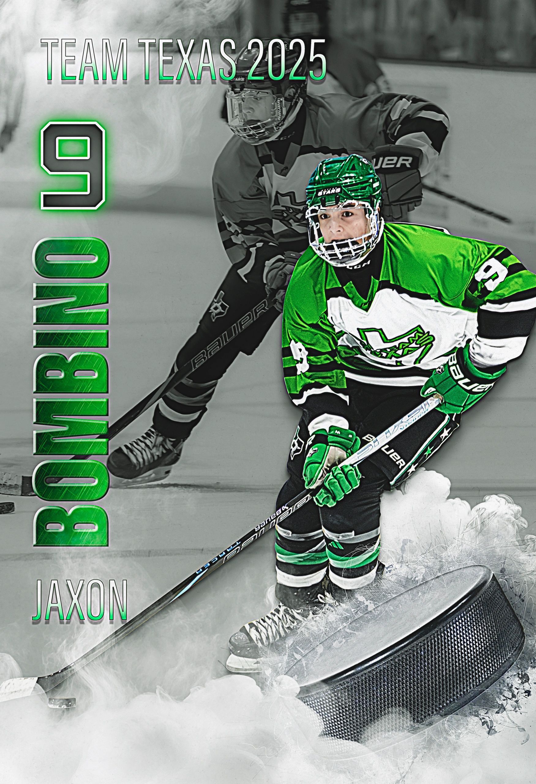 Hockey player Jaxon in Team Texas 2025 poster with green accents.
