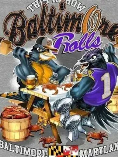 Two cartoon birds enjoying crab feast with Baltimore Orioles and Ravens theme.