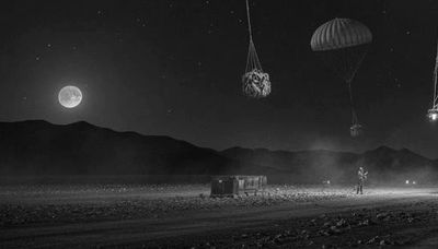 Military cargo parachuting from a plane at night over a rocky terrain.