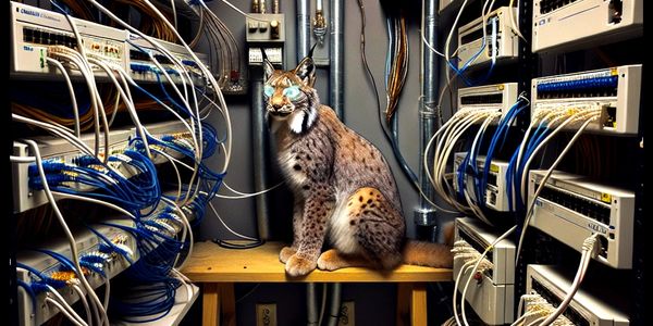 A lynx sitting on a bench surrounded by network servers and cables.