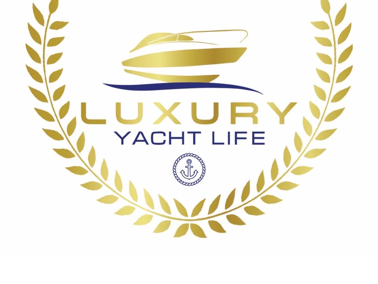 Golden yacht logo with laurel wreath and anchor.