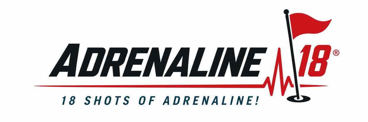 Logo for Adrenaline 18 with a red flag and heartbeat line.