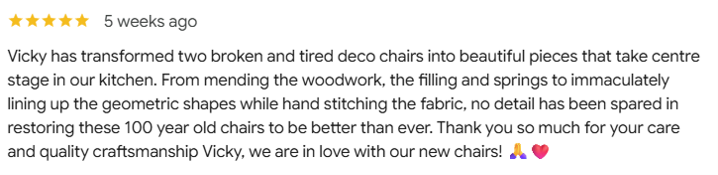 Review praising Vicky's restoration of old chairs.