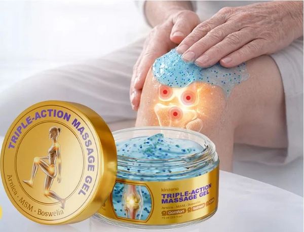 Triple-action massage gel applied on knee for pain relief and comfort.