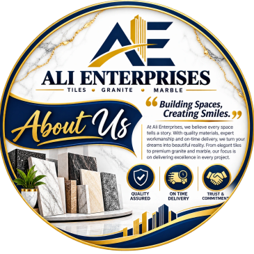 Ali Enterprises promotional logo with tile samples and business values.