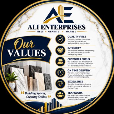Ali Enterprises' core values promoting quality, integrity, and teamwork.