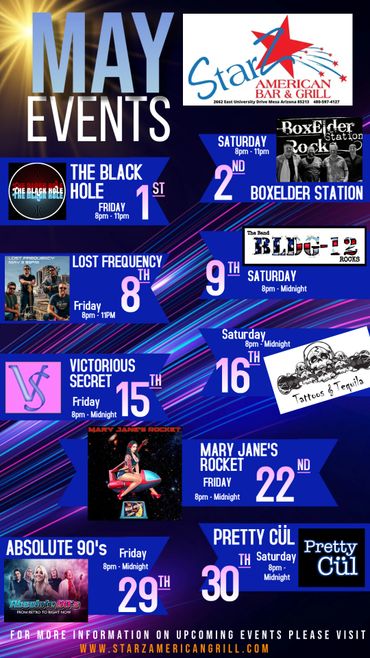 May events lineup at Starz American Bar &amp; Grill with live bands and DJs every weekend.