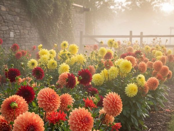 Colorful dahlias blooming in a misty garden at sunrise.