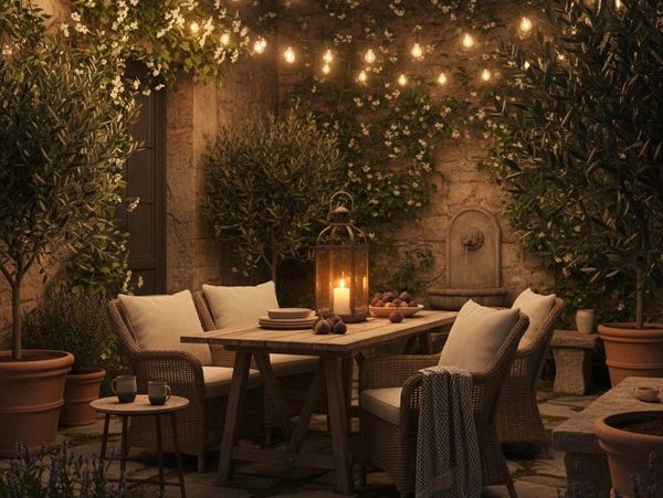 Cozy outdoor dining area with string lights and cushioned wicker chairs.