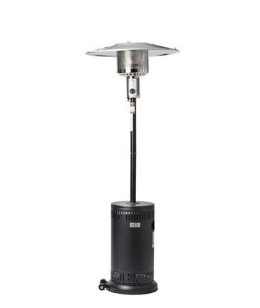Tall outdoor patio heater with a black base and silver top.