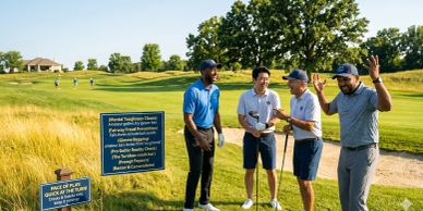 Four men enjoying a sunny day playing golf on a lush course.