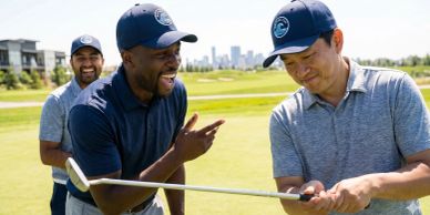 Three men enjoying a fun moment on a golf course while practicing putting.