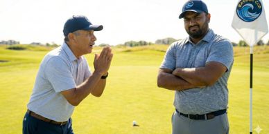 Two men on a golf course, one pleading and the other with arms crossed.