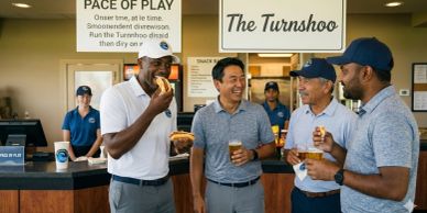 Four men enjoying snacks and drinks together at The Turnshoo.