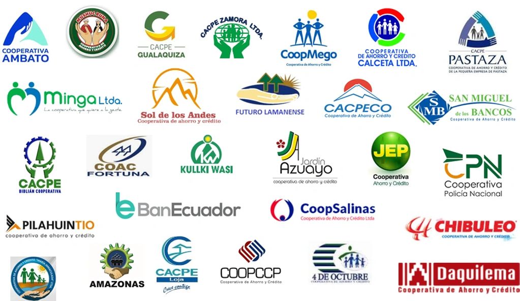 A collection of logos from various Ecuadorian cooperatives and financial institutions.