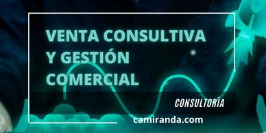 Texto promocional de venta consultiva y gestión comercial sobre fondo azul.