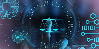 Digital scales of justice symbolizing AI ethics and law.
