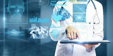 Doctor interacting with futuristic medical data and brain scans on a digital interface.