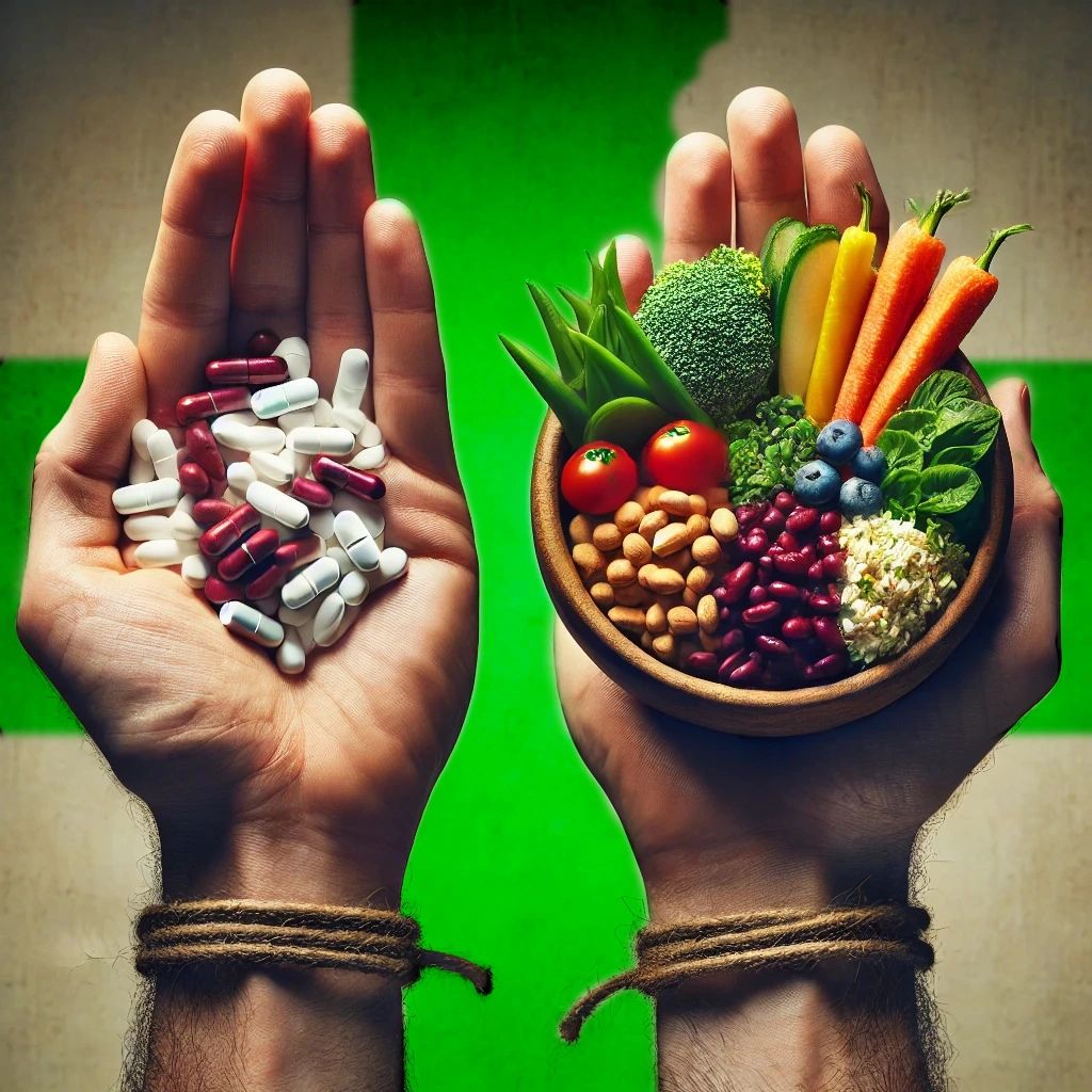 Hands holding pills and fresh food side-by-side. A choice between meds or healing through nutrition.