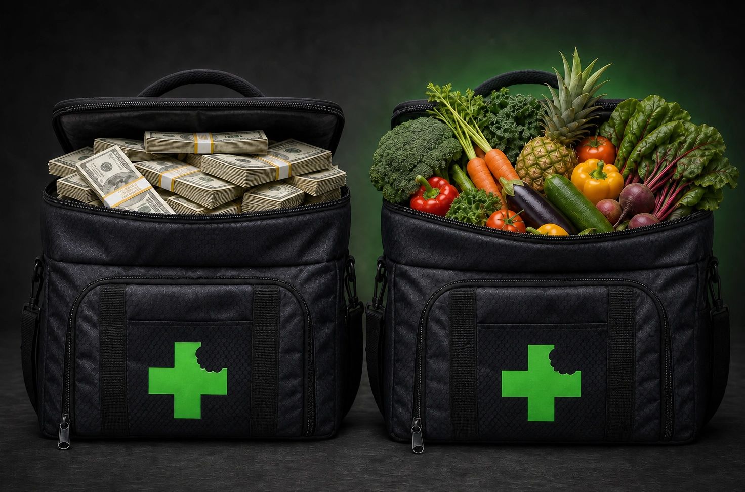 Two black bags, one with money and one with vegetables.