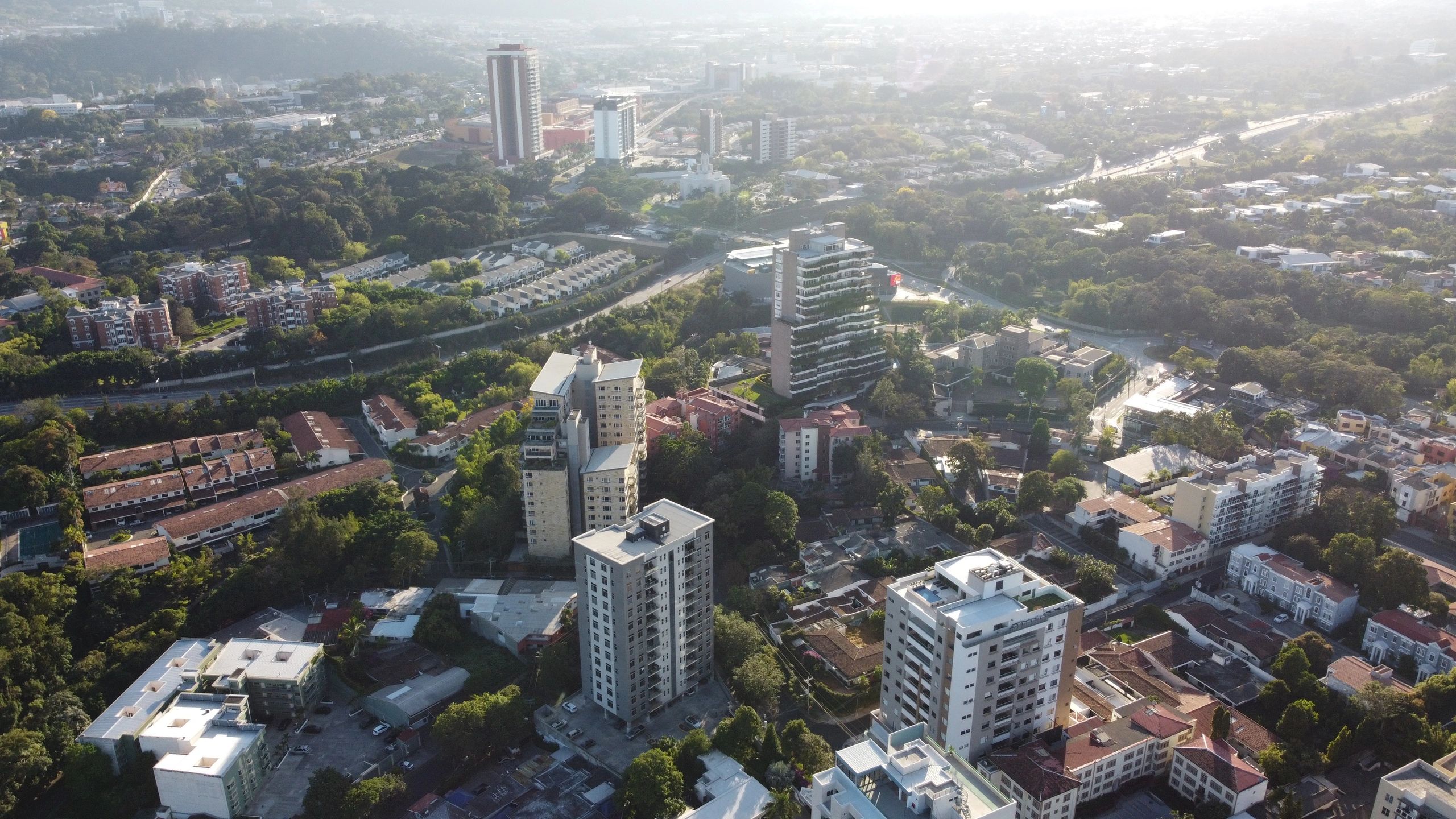 Ciudad con edificios altos y áreas verdes.